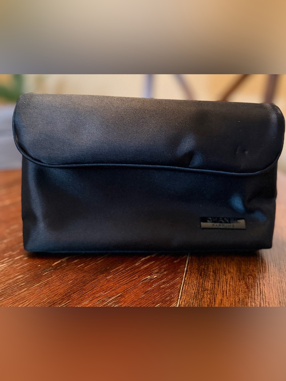 Chanel Parfums Black Satin Cosmetic Bag Makeup Pouch